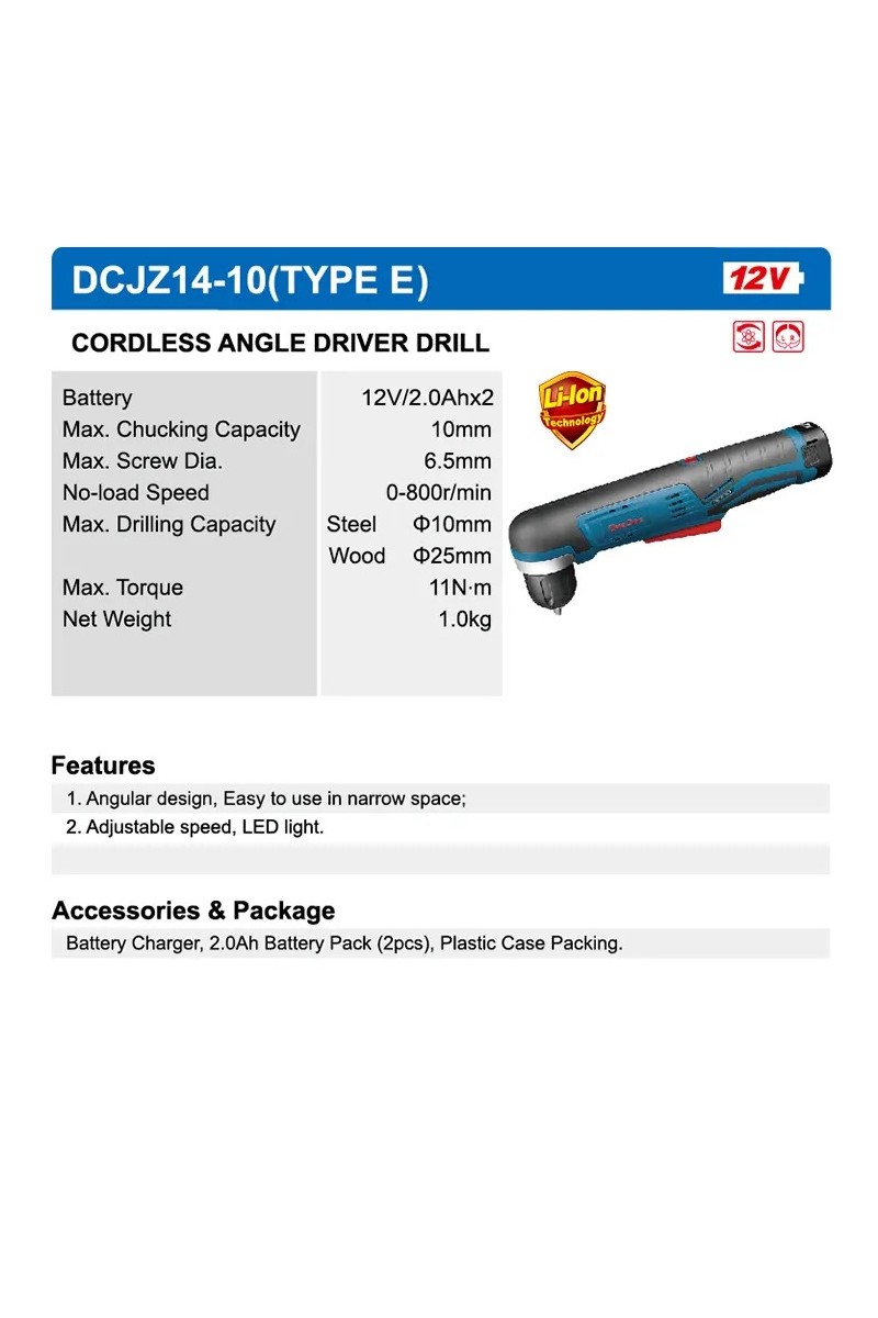 Angle drill driver 12v/2.0ah x 2 battery (type e) dongcheng DCJZ14-10